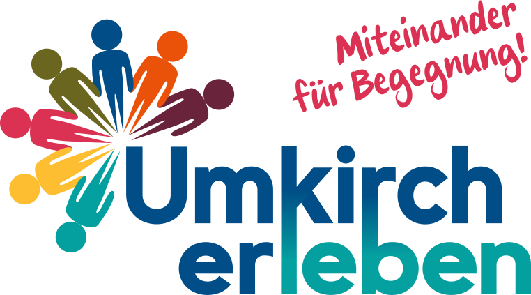 Schriftzug "Umkirch erleben", oben links ein bunte Figuren im Kreis in Form einer Blüte. Oben rechts steht in rot "Miteinander für Begegnung!"